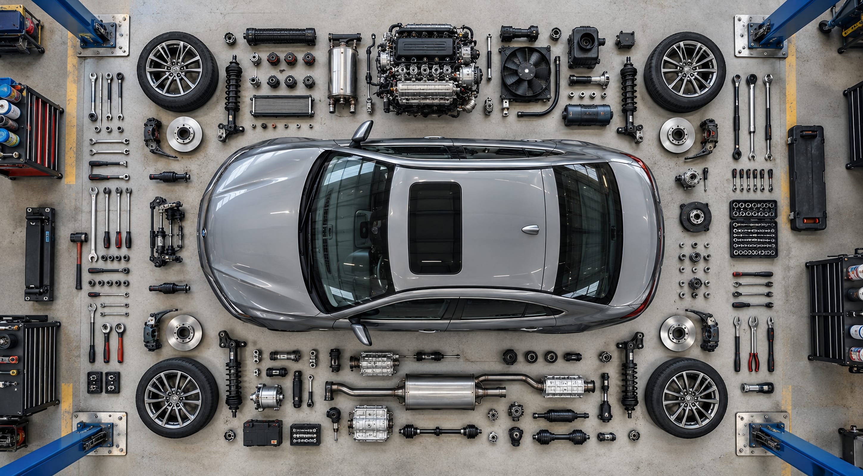 A car seen from above in a workshop bay, with tools and parts laid out around it.
